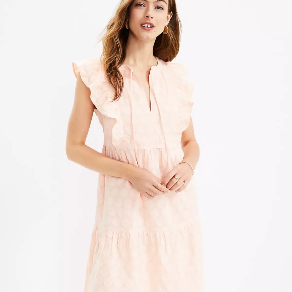 Loft Shimmer Clip Ruffle Tie Neck Pink Dress